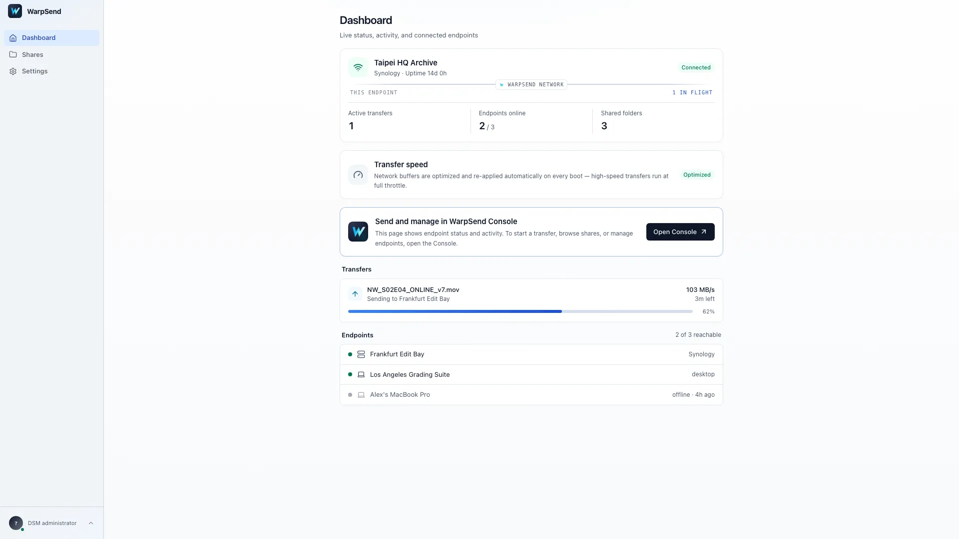 WarpSend agent dashboard on a Synology NAS during an active transfer