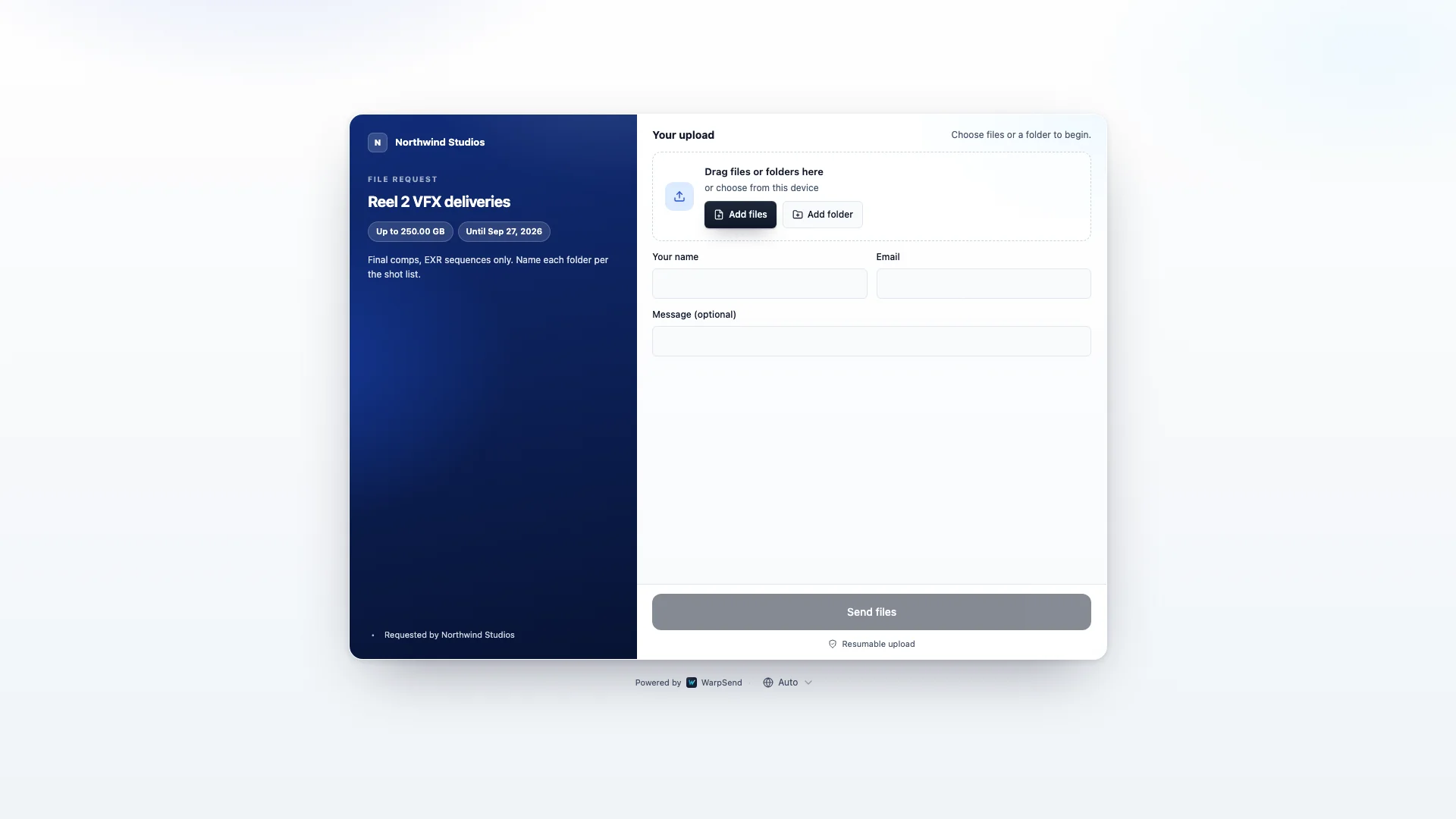 Public WarpSend file request page for Reel 2 VFX deliveries with file and folder upload controls and sender details.