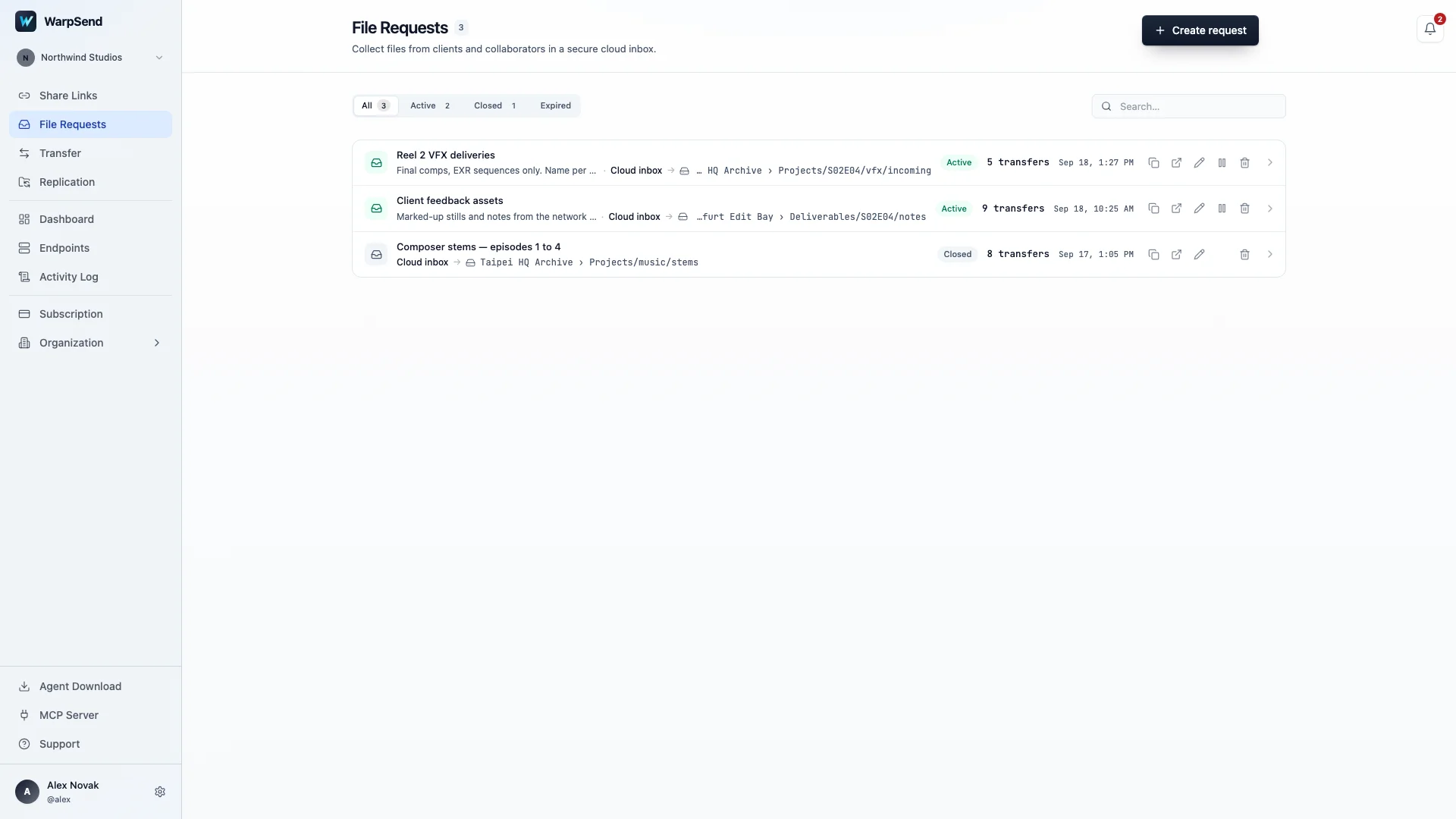 WarpSend File Requests inbox showing active and closed requests, delivery destinations, transfer counts, and management actions.