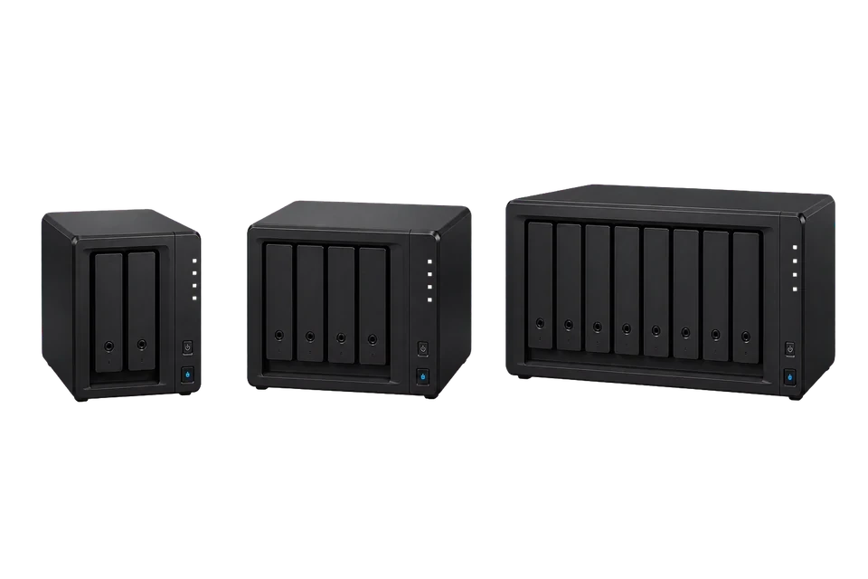 Two-bay, four-bay, and eight-bay NAS devices connected as one managed fleet