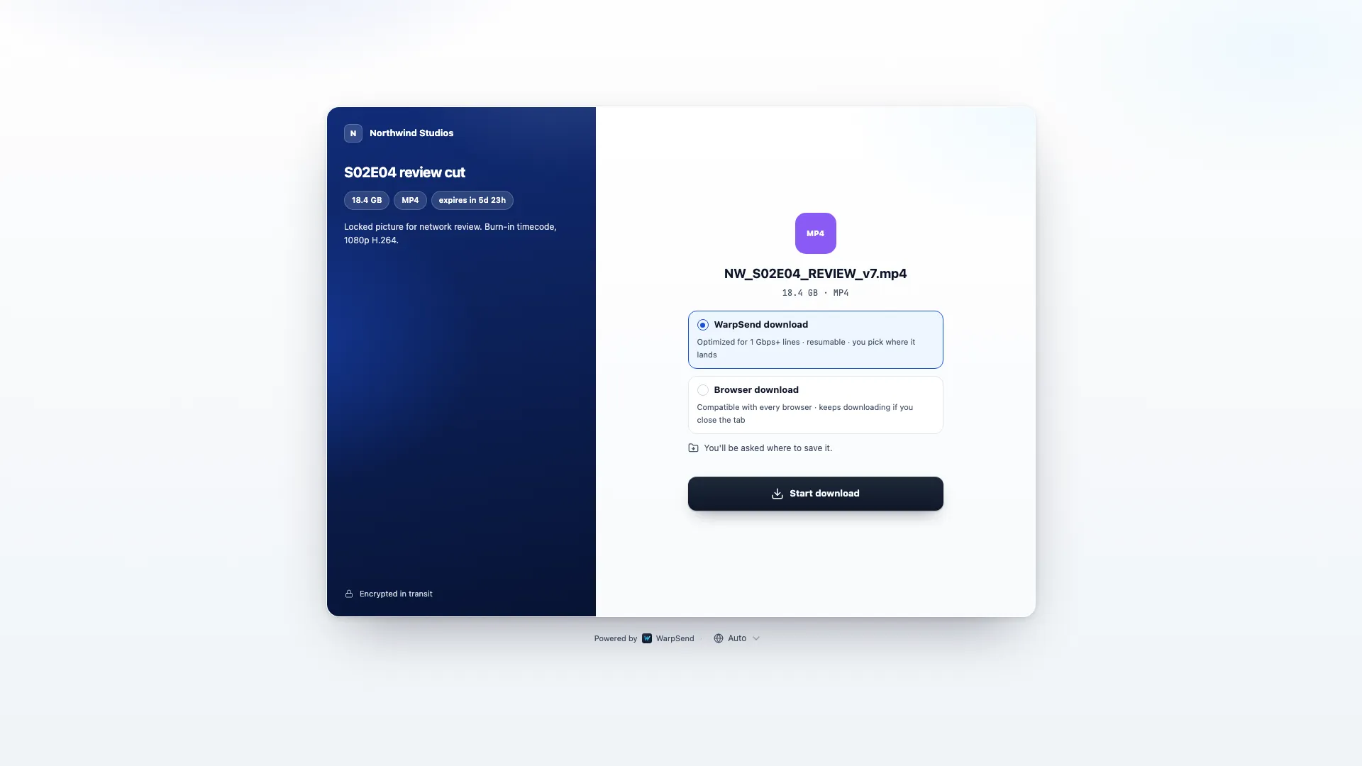 WarpSend browser download page for an external recipient receiving a video file