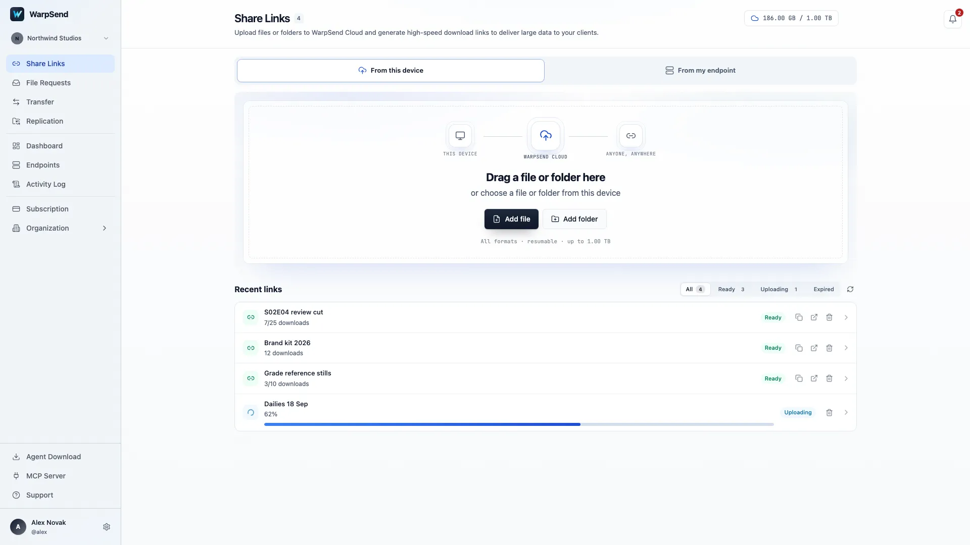 WarpSend Share Links view for managing a finished file staged for browser delivery