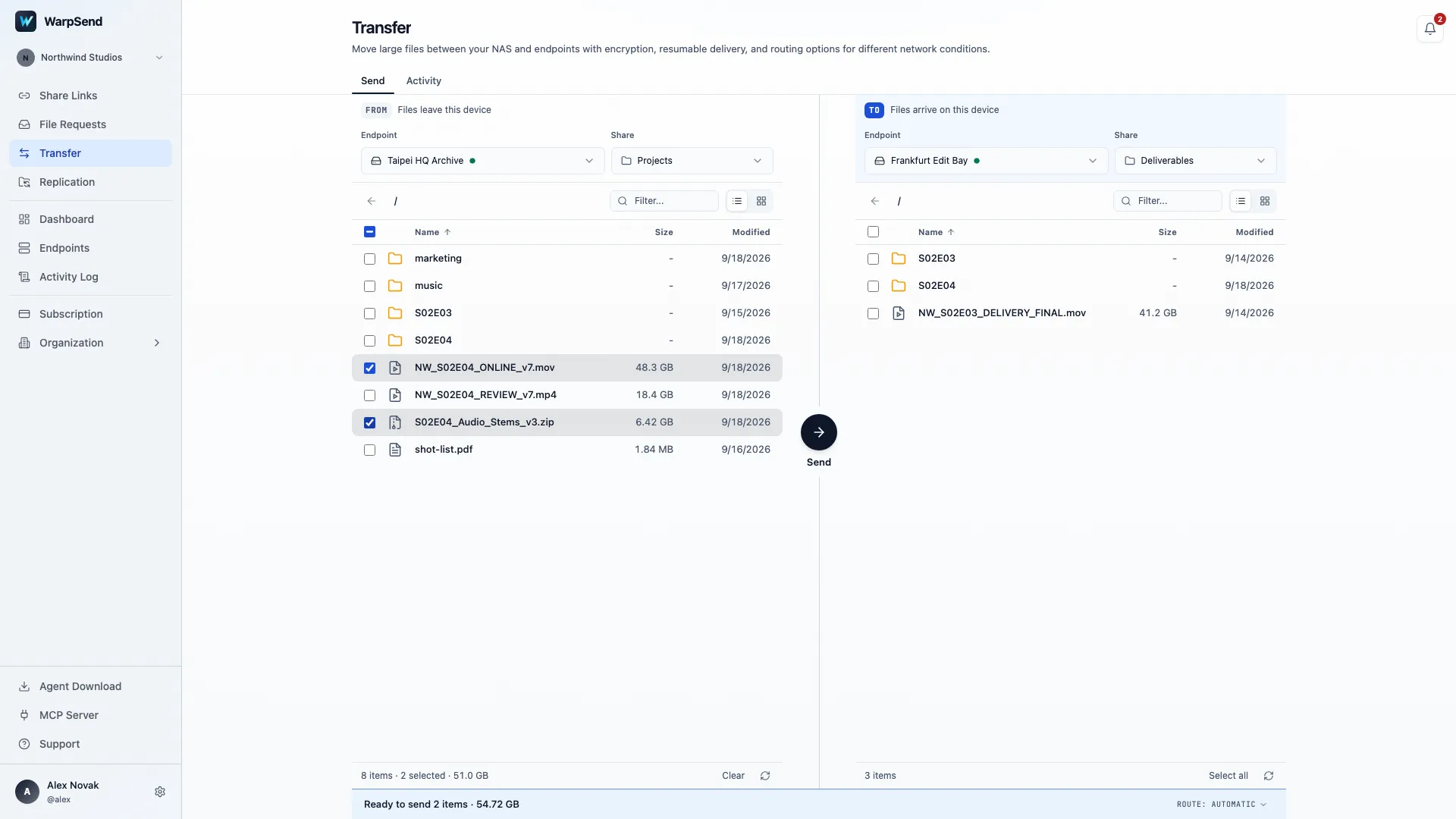 WarpSend Transfer view with source and destination endpoints and files selected for transfer