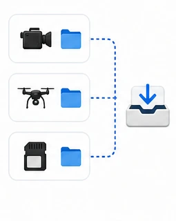 Camera, drone, and memory-card footage collected into one file request